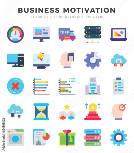 BUSINESS MOTIVATION icons Pack. Flat icons set. BUSINESS MOTIVATION collection set. Simple vector icons.