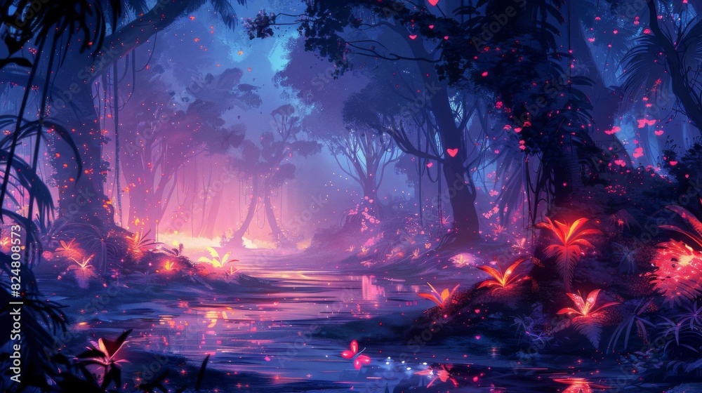 Obraz premium Magical fantasy forest with glowing flowers and ethereal light, creating a surreal, dreamlike atmosphere in a serene natural setting.