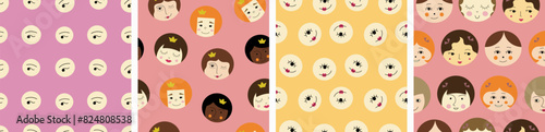 Pack of four patterns, beautiful girlish faces. Cute creative surface design, women guise, endless print.