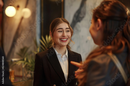  a smiling female hotel receptionist wearing a black suit and white shirt, greeting an array of guests dressed in different styles at the front desk in a luxury modern minimalist art deco style hotel 