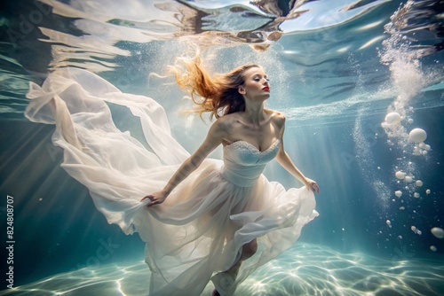 Portrait of a beautiful red-haired girl in a fashionable white dress under water at a depth.