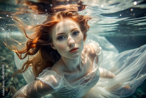 Portrait of a beautiful red-haired girl in a fashionable white dress under water at a depth.