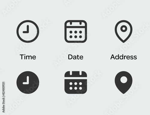 Time, date, address, position icons. Clock, day, place, organizer symbols. Easy editable vector design.