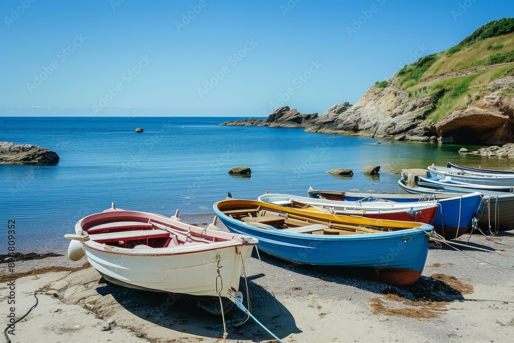Tranquil seaside scene with vibrant rowboats on a sunny shore, overlooking a clear blue ocean