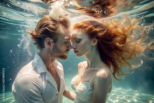 Beautiful lovers. A man and a woman under water at a depth of. A romantic relationship. An unusual date.