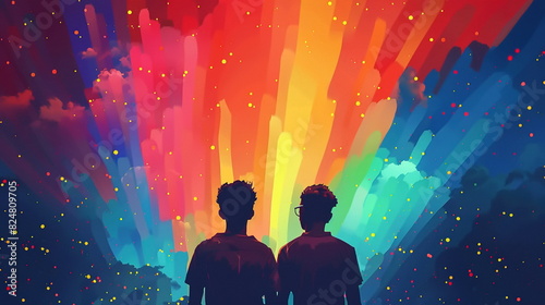 silhouette of a couple LGBT mens lovely friend with rainbow background photo