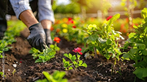 close-up of a man planting flowers in a flowerbed. Selective focus