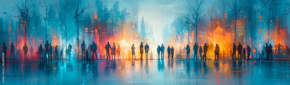 Panoramic depiction of silhouetted figures in a neonlit urban environment, exuding a dynamic and atmospheric mood