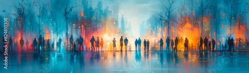 Panoramic depiction of silhouetted figures in a neonlit urban environment, exuding a dynamic and atmospheric mood © Riccardo