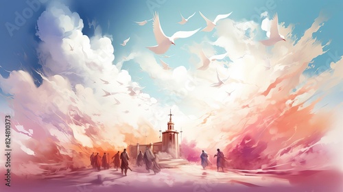 Watercolor illustration of the volumetric clouds, doves and Jesus Christ in midair surrounded by his disciples photo