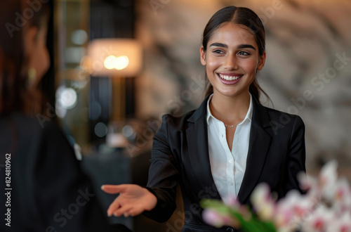  a smiling female hotel receptionist wearing a black suit and white shirt, greeting an array of guests dressed in different styles at the front desk in a luxury modern minimalist art deco style hotel 