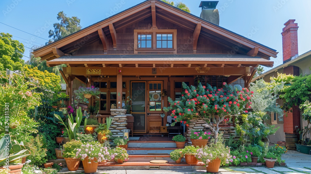A charming craftsman-style duplex with a shared front porch, decorative woodwork accents, and a colorful array of potted plants. 