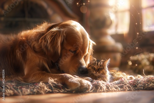 A dog and cat lounging together on the floor in a house. The domestic setting emphasises their relaxed and cozy interaction. Horizontal. Space for copy.