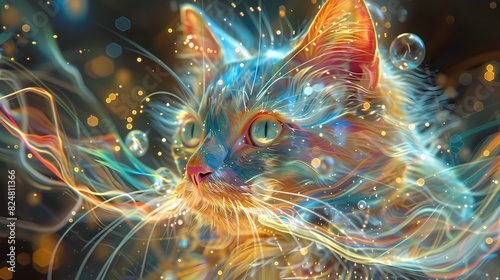Colorful fantasy cat universe gorgeous lines poster background © jinzhen