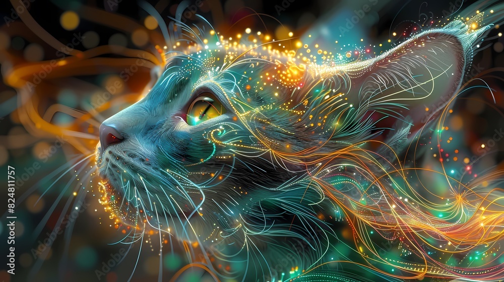 Naklejka premium Colorful fantasy cat universe gorgeous lines poster background