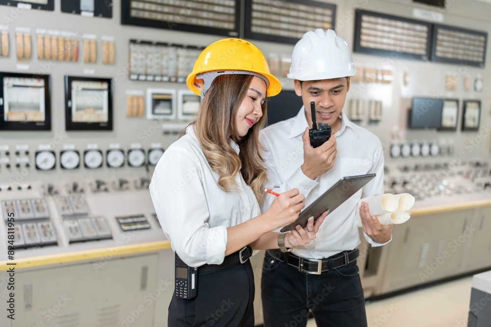 Asian male and female engineers Use skills to control machinery in a nuclear power plant. There is a switch control panel at the back. Wear a safety helmet. Holding a laptop and blueprint Asian male and female engineers Use skills to control machinery in a nuclear power plant. There is a switch control panel at the back. Wear a safety helmet. Holding a laptop and blueprint