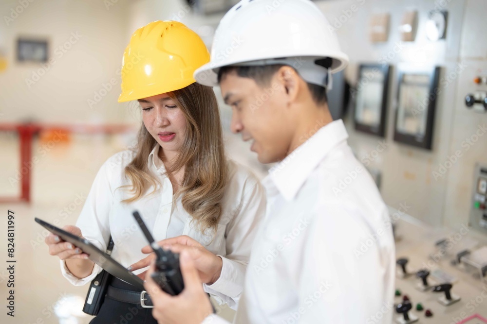 for a cleaner future within the industrial domain, two Asian engineers coordinate efforts at the power plant, consulting blueprints and utilizing walkie-talkies to maintain the smooth operation for a cleaner future within the industrial domain, two Asian engineers coordinate efforts at the power plant, consulting blueprints and utilizing walkie-talkies to maintain the smooth operation