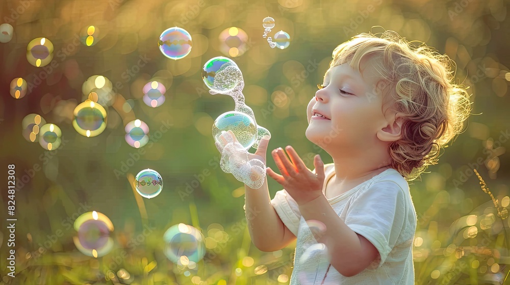 a child catches soap bubbles on the background of nature. Selective focus a child catches soap bubbles on the background of nature. Selective focus