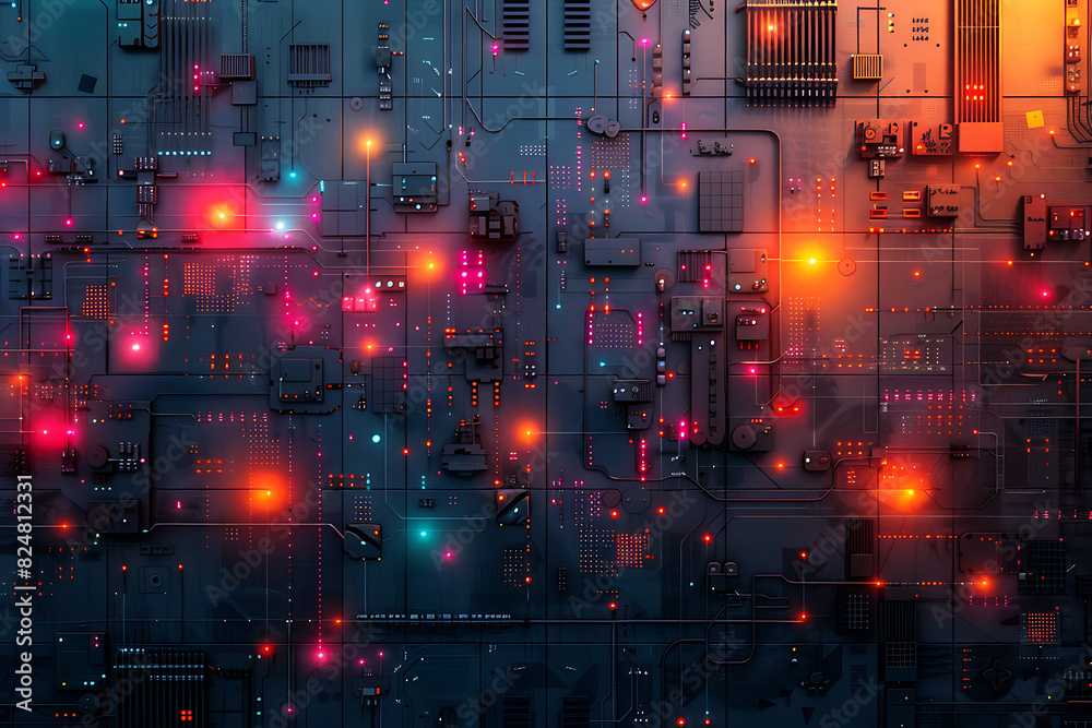An intricate abstract design featuring interconnected circuit patterns in vibrant colors, symbolizing modern technology and digital innovation