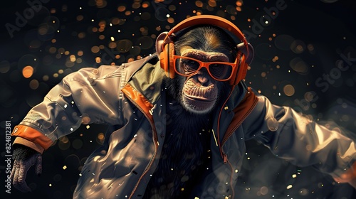 a monkey wearing a leather jacket and orange headphones stands in front of a black wall, with a gray and black glove visible on the left side of the image