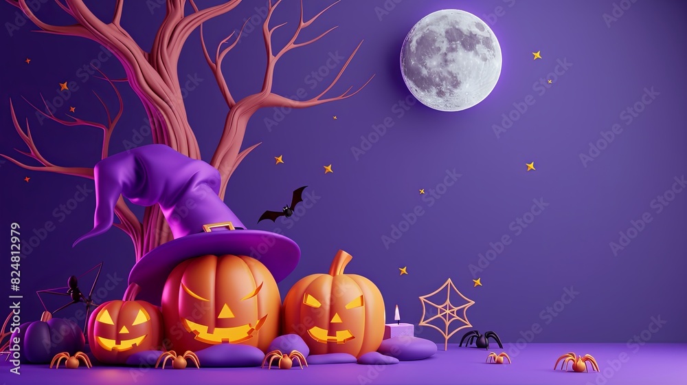 Fototapeta premium 3D-rendered cartoon Halloween scene featuring spooky tree, moon, pumpkin, and witch hat on purple backdrop