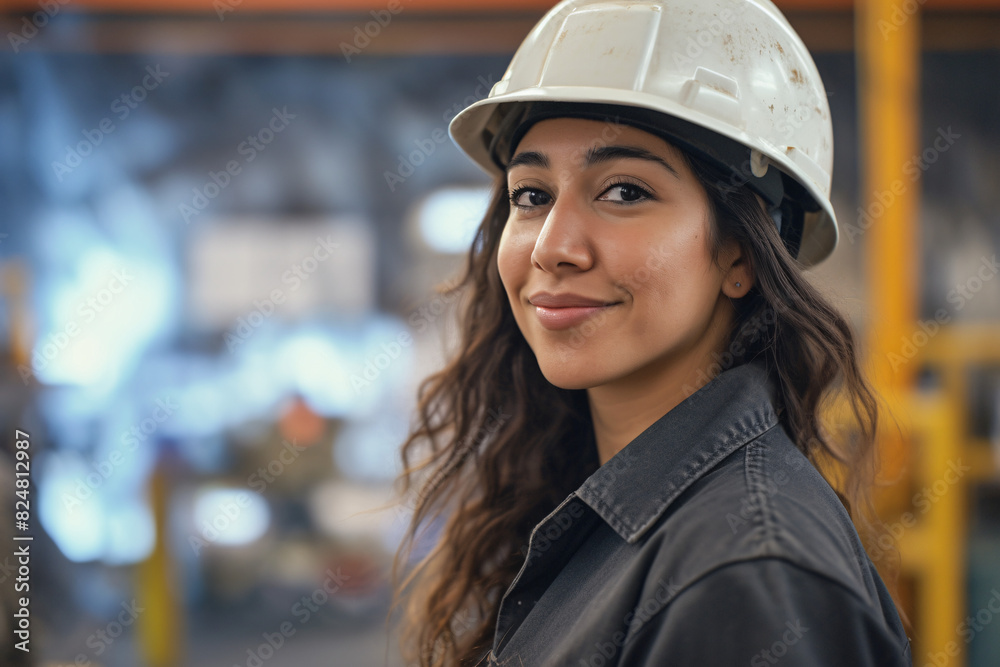 Woman in a white hard hat and safety vest standing confidently with crossed arms in an industrial site with a rocky background Woman in a white hard hat and safety vest standing confidently with crossed arms in an industrial site with a rocky background