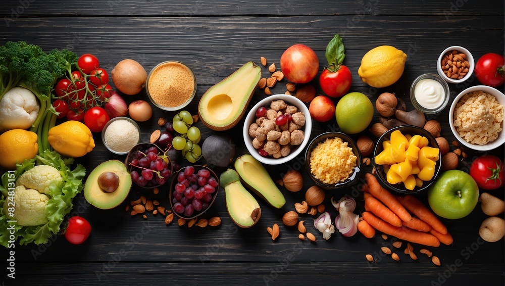 Balanced diet food On a black wooden background. Top view. Free space for your text.
