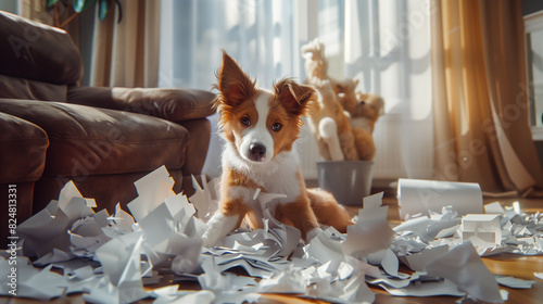 Dog Sitting on Pile of Paper by Couch photo