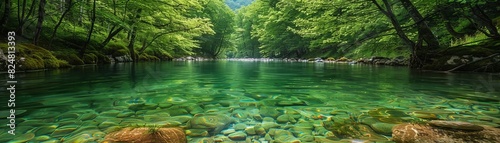 Tranquil forest river view with clear water and lush green trees  perfect serene nature scenery for relaxation and travel inspiration.