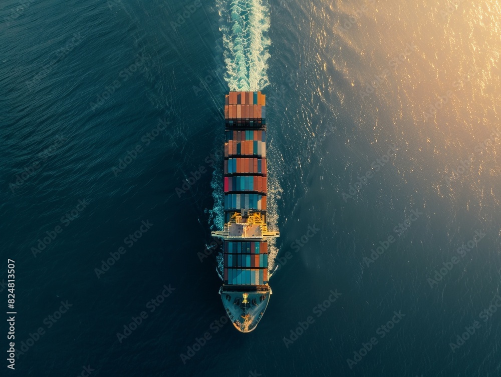 Twilight Voyage: Aerial Cargo Ship Crossing Open Ocean for Logistic Import/Export