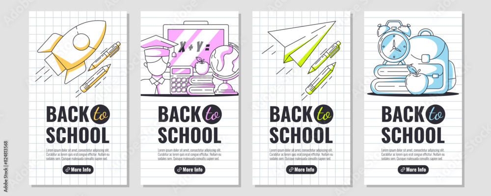 Naklejka premium Set of back to school posters for social media, minimalist vertical narrow design. Checkered, lined background. School supplies, stationery, rocket launch, paper airplane. Education, learning concept.