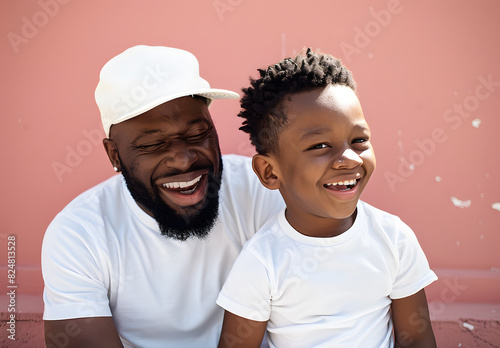 Portrait of joyful African American father and happy child in front of a vibrant pink wall background. Generative AI