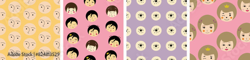 Collection of four patterns, sweet girlish faces. Simple cute shapes, flat vector, feminine countenance, decorative endless texture.