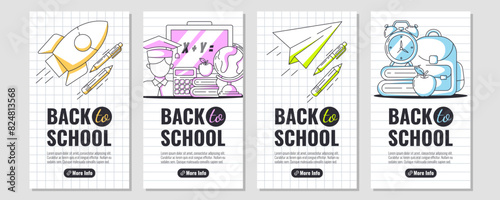 Set of back to school posters for social media, minimalist vertical narrow design. Checkered, lined background. School supplies, stationery, rocket launch, paper airplane. Education, learning concept.