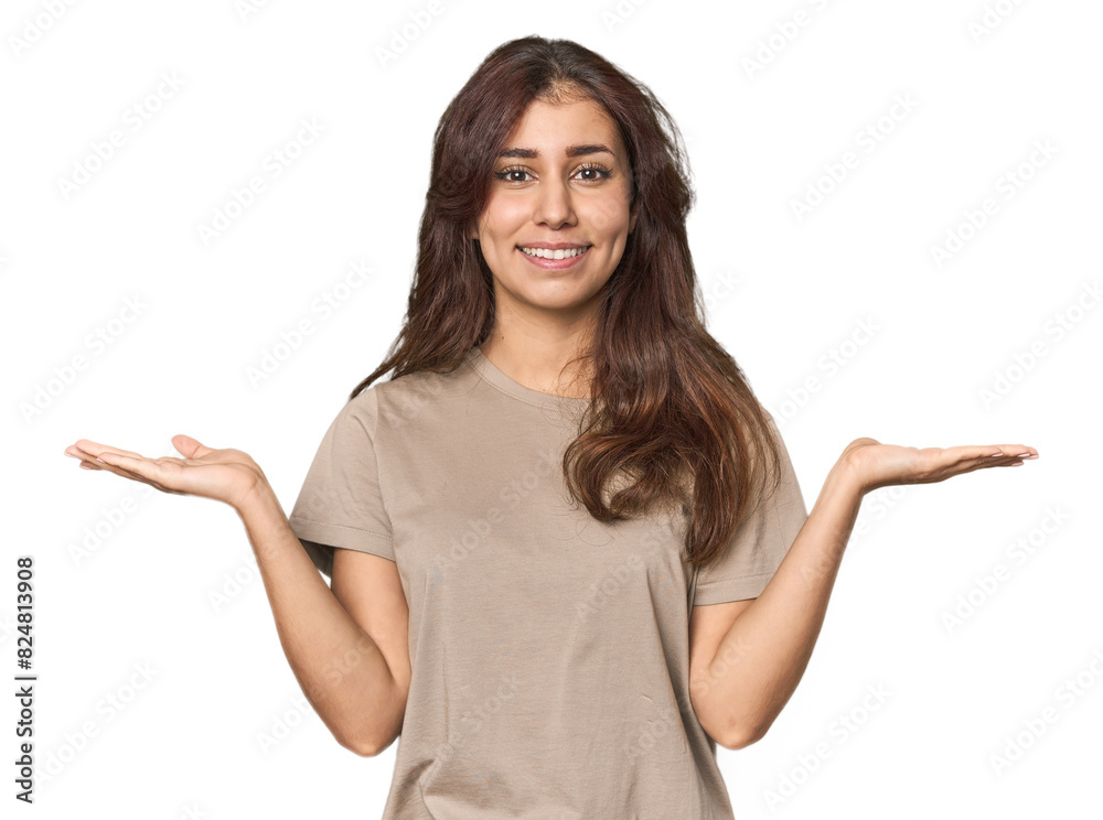 Middle Eastern woman in studio makes scale with arms, feels happy and confident. Middle Eastern woman in studio makes scale with arms, feels happy and confident.