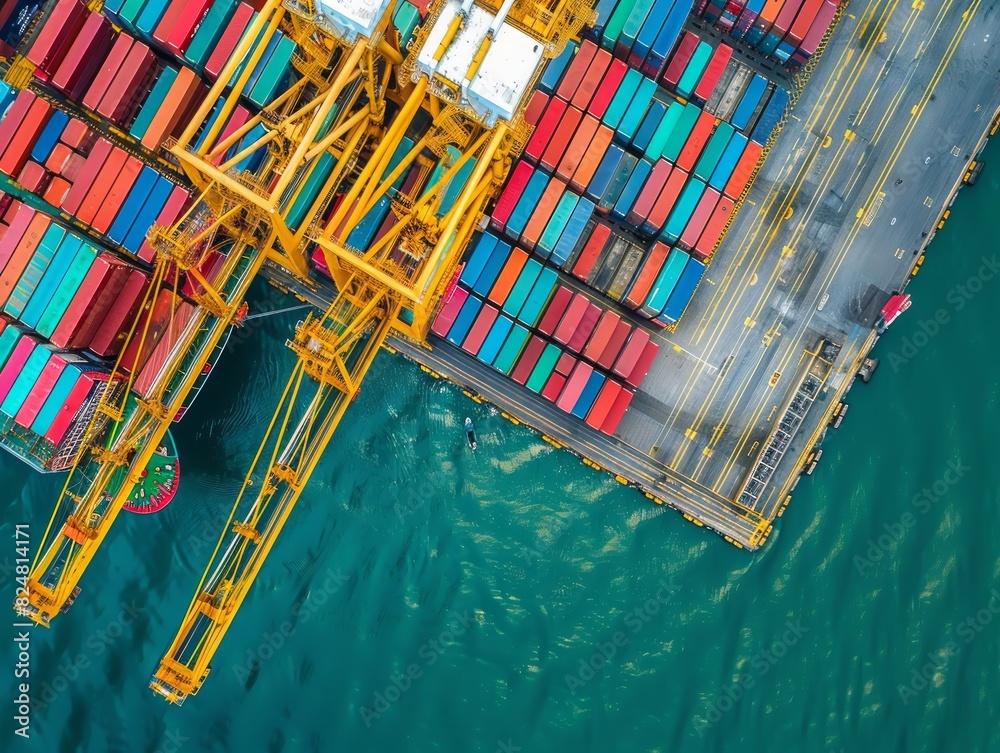 Global Trade in Action: Aerial Perspective of Port Crane Loading Container Ship