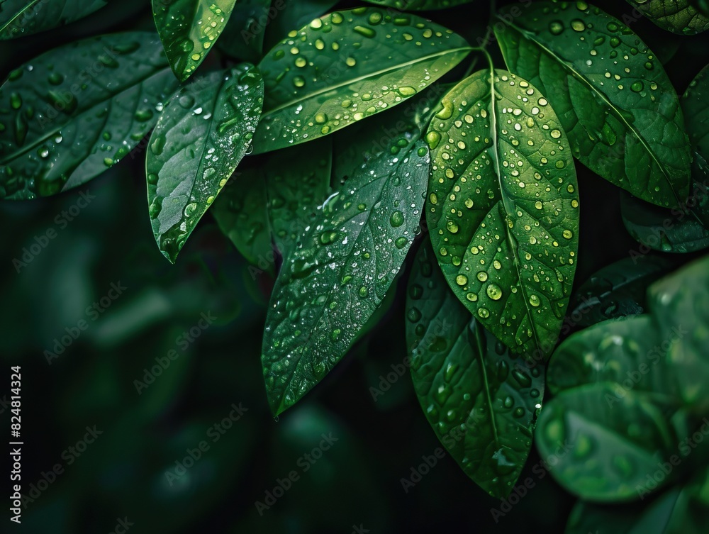 Fototapeta premium Tranquil and peaceful nature backdrop featuring close-up of vibrant green leaves adorned with glistening water droplets, bathed in the soft morning sunlight