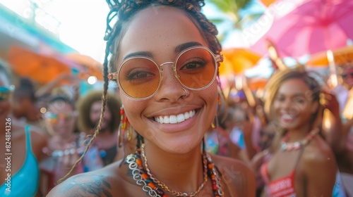 A cheerful woman takes a smiling selfie with sunglasses, surrounded by a joyful festival crowd