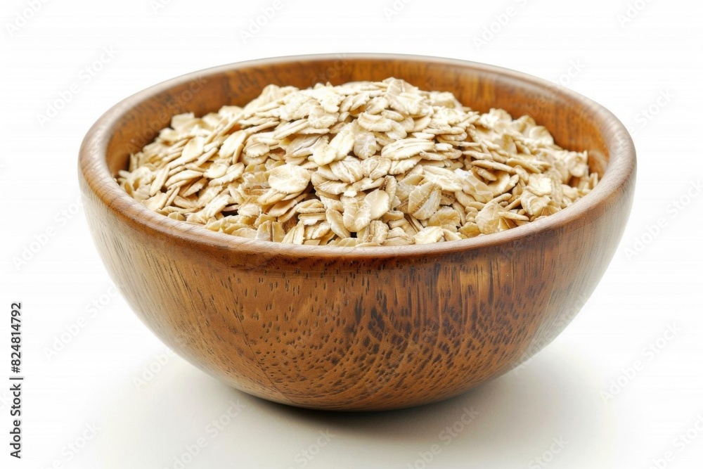Wooden bowl filled with raw oat flakes isolated on white. Perfect for healthy breakfast or ingredient in cooking and baking. Wooden bowl filled with raw oat flakes isolated on white. Perfect for healthy breakfast or ingredient in cooking and baking.