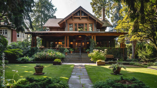 A craftsman-style house with intricate woodwork detailing on the front porch, surrounded by lush, manicured gardens. 
