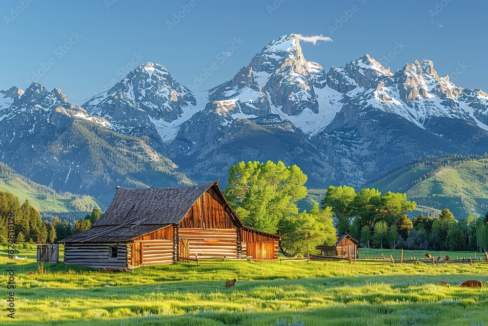 Obraz premium Sunshine shines on the snow capped mountains, grasslands, and wooden houses
