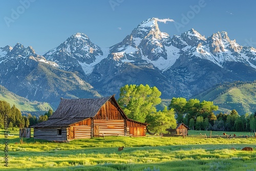 Sunshine shines on the snow capped mountains, grasslands, and wooden houses