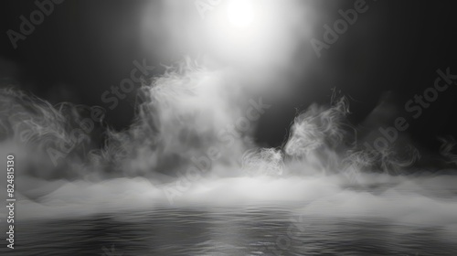 Ethereal Fog Shrouds Mysterious Landscape in Moody Monochrome Captivating image of a surreal,otherworldly scene with billowing clouds of mist and steam creating an ominous,eerie atmosphere