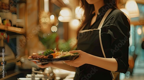 close-up of a waitress carrying a dish. Selective focus