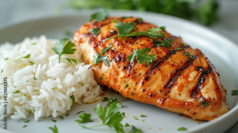 Image of a chicken steak garnished with fresh parsley and served with rice Image of a chicken steak garnished with fresh parsley and served with rice