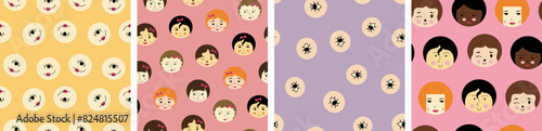 Four endless patterns, young girlish faces. Creative branding design, feminine look, abstract background.