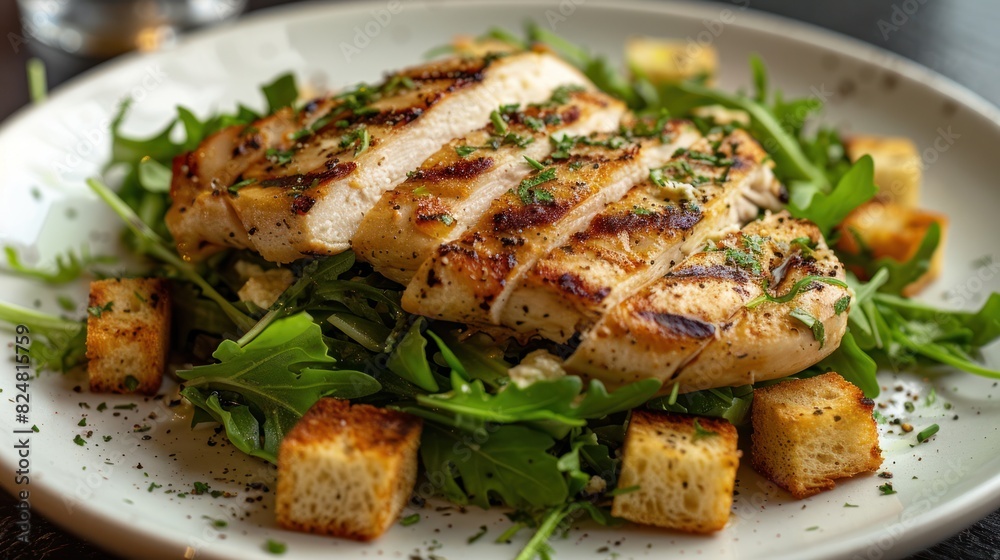 Image of a classic Caesar salad with grilled chicken and croutons Image of a classic Caesar salad with grilled chicken and croutons