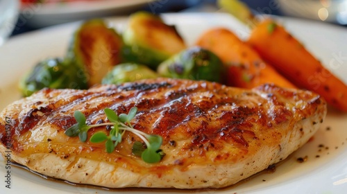 Image of a chicken steak with a side of roasted Brussels sprouts and carrots