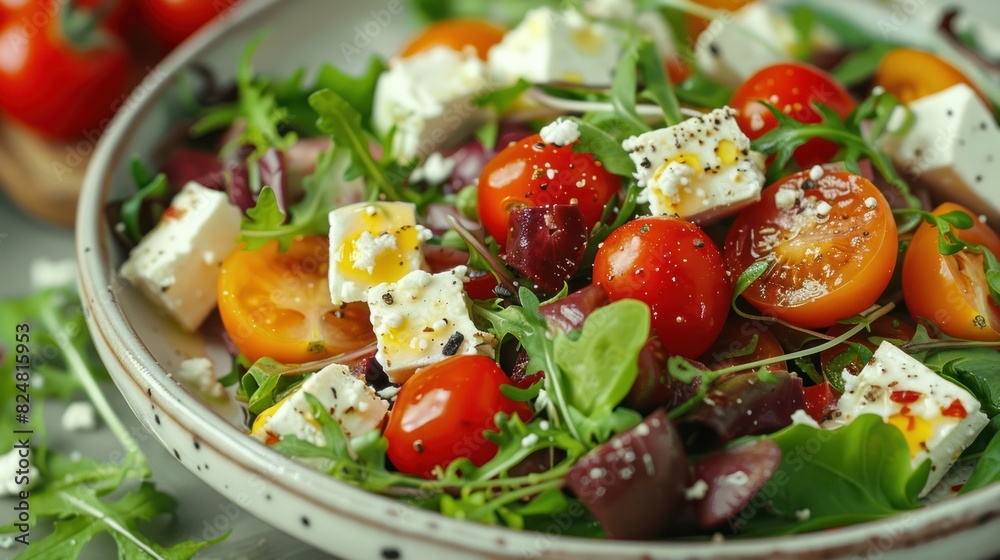 Image of a colorful salad with mixed greens, cherry tomatoes, and feta cheese Image of a colorful salad with mixed greens, cherry tomatoes, and feta cheese