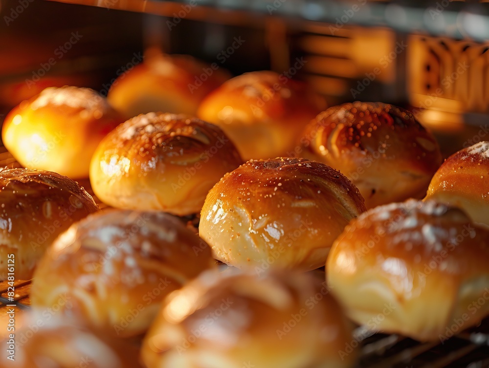 Close-up shot of a baker's hand wearing an oven mitt, taking a tray of freshly baked rolls out of the oven, showcasing the golden crust and steam rising from the warm bread